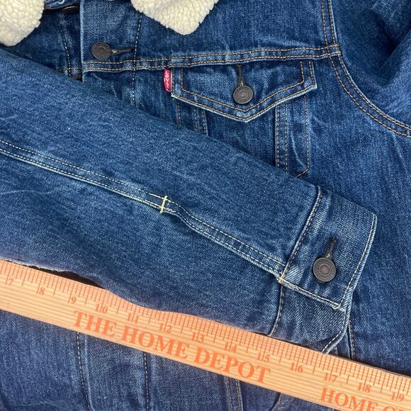Levi Strauss Mens Retro Blue Denim Sherpa Lined Trucker Jacket Small Button Up - Picture 11 of 12